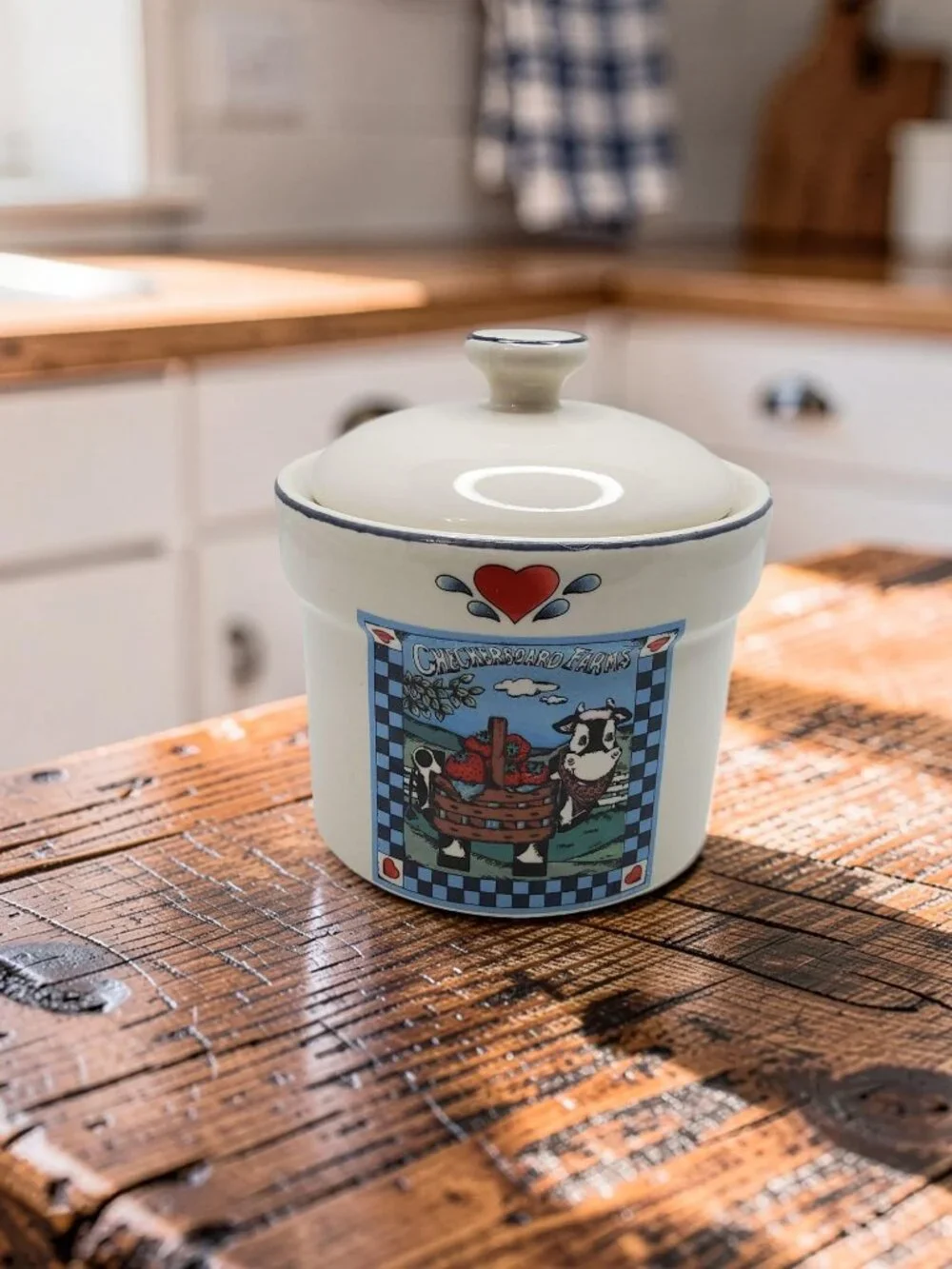 vintage transfar international ceramic checkerboard farms small crock